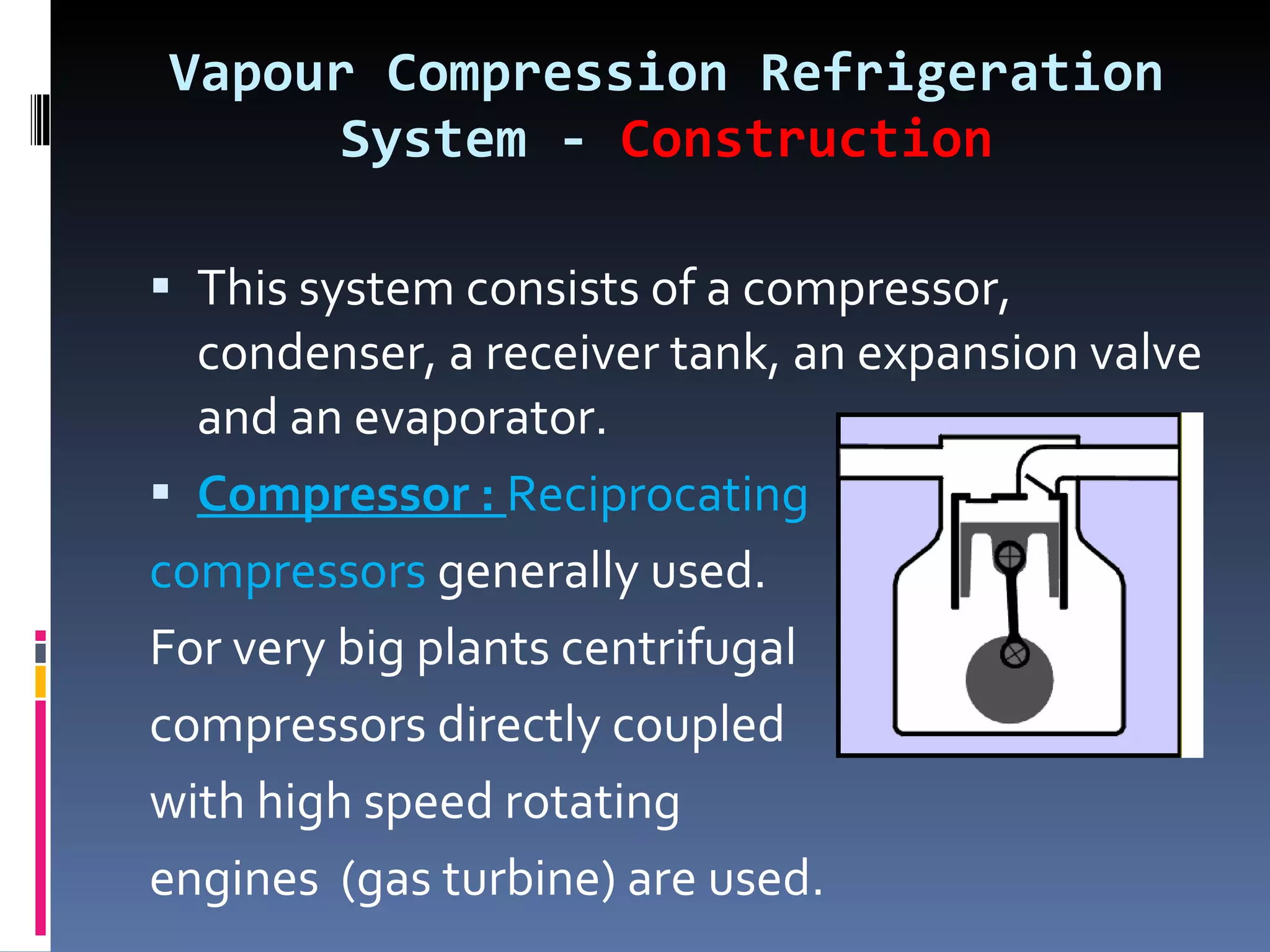 Vapour Compression Refrigeration System -  Construction This system consists of a compressor, condenser, a receiver tank, an expansion valve and an evaporator. Compressor :  Reciprocating  compressors  generally used.  For very big plants centrifugal  compressors directly coupled  with high speed rotating  engines  (gas turbine) are used. 