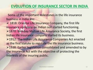 EVOLUTION OF INSURANCE SECTOR IN INDIA
Some of the important milestones in the life insurance
business in India are:
 1818: Oriental Life Insurance Company, the first life
insurance company on Indian soil started functioning.
1870: Bombay Mutual Life Assurance Society, the first
Indian life insurance company started its business.
1912: The Indian Life Assurance Companies Act enacted
as the first statute to regulate the life insurance business.
1938: Earlier legislation consolidated and amended to by
the Insurance Act with the objective of protecting the
interests of the insuring public.
13INSURANCE COMPANY
 