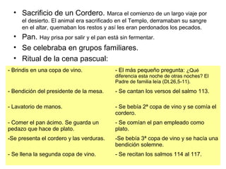 • Sacrificio de un Cordero. Marca el comienzo de un largo viaje por
el desierto. El animal era sacrificado en el Templo, derramaban su sangre
en el altar, quemaban los restos y así les eran perdonados los pecados.
• Pan. Hay prisa por salir y el pan está sin fermentar.
• Se celebraba en grupos familiares.
• Ritual de la cena pascual:
- Brindis en una copa de vino. - El más pequeño pregunta: ¿Qué
diferencia esta noche de otras noches? El
Padre de familia leía (Dt.26,5-11).
- Bendición del presidente de la mesa. - Se cantan los versos del salmo 113.
- Lavatorio de manos. - Se bebía 2ª copa de vino y se comía el
cordero.
- Comer el pan ácimo. Se guarda un
pedazo que hace de plato.
- Se comían el pan empleado como
plato.
-Se presenta el cordero y las verduras. -Se bebía 3ª copa de vino y se hacía una
bendición solemne.
- Se llena la segunda copa de vino. - Se recitan los salmos 114 al 117.
 