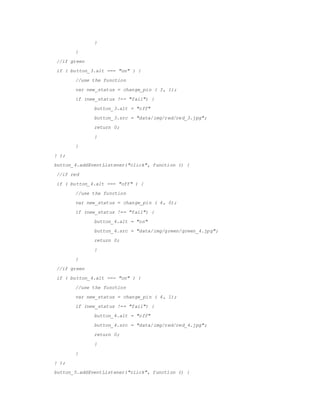 }
}
//if green
if ( button_3.alt === "on" ) {
//use the function
var new_status = change_pin ( 3, 1);
if (new_status !== "fail") {
button_3.alt = "off"
button_3.src = /slideshow/embedded-report-56029777/56029777/"data/img/red/red_3.jpg";
return 0;
}
}
} );
button_4.addEventListener("click", function () {
//if red
if ( button_4.alt === "off" ) {
//use the function
var new_status = change_pin ( 4, 0);
if (new_status !== "fail") {
button_4.alt = "on"
button_4.src = "data/img/green/green_4.jpg";
return 0;
}
}
//if green
if ( button_4.alt === "on" ) {
//use the function
var new_status = change_pin ( 4, 1);
if (new_status !== "fail") {
button_4.alt = "off"
button_4.src = "data/img/red/red_4.jpg";
return 0;
}
}
} );
button_5.addEventListener("click", function () {
 
