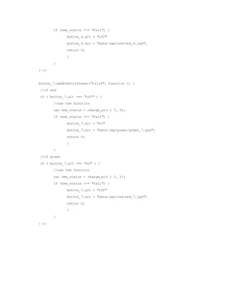if (new_status !== "fail") {
button_6.alt = "off"
button_6.src = /slideshow/embedded-report-56029777/56029777/"data/img/red/red_6.jpg";
return 0;
}
}
} );
button_7.addEventListener("click", function () {
//if red
if ( button_7.alt === "off" ) {
//use the function
var new_status = change_pin ( 7, 0);
if (new_status !== "fail") {
button_7.alt = "on"
button_7.src = "data/img/green/green_7.jpg";
return 0;
}
}
//if green
if ( button_7.alt === "on" ) {
//use the function
var new_status = change_pin ( 7, 1);
if (new_status !== "fail") {
button_7.alt = "off"
button_7.src = "data/img/red/red_7.jpg";
return 0;
}
}
} );
 