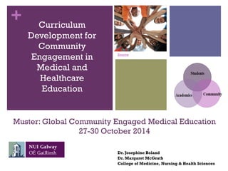 + 
Muster: Global Community Engaged Medical Education 27-30 October 2014 
Dr. Josephine Boland 
Dr. Margaret McGrath 
College of Medicine, Nursing & Health Sciences 
Curriculum Development for Community Engagement in Medical and Healthcare Education 
Source  