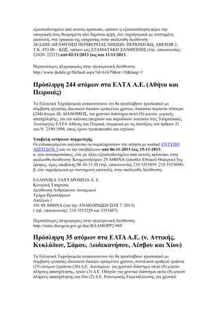 εξουσιοδοτημένο από αυτούς πρόσωπο, εφόσον η εξουσιοδότηση φέρει την
υπογραφή τους θεωρημένη από δημόσια αρχή, είτε ταχυδρομικά με συστημένη
επιστολή, στα γραφεία της υπηρεσίας στην ακόλουθη διεύθυνση:
ΔΕΔΔΗΕ/ΔΙΕΥΘΥΝΣΗ ΠΕΡΙΦΕΡΕΙΑΣ ΝΗΣΙΩΝ/ ΠΕΡΙΟΧΗ ΚΩ, ΑΒΕΡΩΦ 2,
Τ.Κ. 853 00 – ΚΩΣ, υπόψιν κας ΣΤΑΜΑΤΑΚΗ ΞΑΝΘΙΠΠΗΣ (τηλ. επικοινωνίας:
22420- 22215) από 02/11/2013 έως και 11/11/2013.
Περισσότερες πληροφορίες στην ηλεκτρονική διεύθυνση:
http://www.deddie.gr/Default.aspx?id=61679&nt=18&lang=1

Πρόσληψη 244 ατόμων στα ΕΛΤΑ Α.Ε. (Αθήνα και
Πειραιάς)
Τα Ελληνικά Ταχυδροµεία ανακοινώνουν ότι θα προσλάβουν προσωπικό µε
σύµβαση εργασίας ιδιωτικού δικαίου ορισµένου χρόνου, διακόσια σαράντα τέσσερα
(244) άτοµα ∆Ε ∆ΙΑΝΟΜΕΙΣ, για χρονικό διάστηµα οκτώ (8) µηνών, µερικής
απασχόλησης, για την κάλυψη εποχικών και παροδικών αναγκών στις Υπηρεσιακές
Λειτουργίες ΕΛΤΑ Αθήνας και Πειραιά, σύµφωνα µε τις διατάξεις του άρθρου 21
του Ν. 2190/1994, όπως έχουν τροποποιηθεί και ισχύουν.
Υποβολή αιτήσεων συμμετοχής
Οι ενδιαφερόµενοι καλούνται να συµπληρώσουν την αίτηση µε κωδικό ΕΝΤΥΠΟ
ΑΣΕΠ ΣΟΧ.3 και να την υποβάλλουν από 06-11-2013 έως 15-11-2013:
α. είτε αυτοπροσώπως, είτε µε άλλο εξουσιοδοτηµένο από αυτούς πρόσωπο, στην
ακόλουθη διεύθυνση: Κουµουνδούρου 29 ΑΘΗΝΑ (όπισθεν Εθνικού Θεάτρου) 5ος
όροφος, ώρες υποβολής 08.30-13.30 (τηλ. επικοινωνίας 210 3353859 ,210 3353698) .
β. είτε ταχυδροµικά µε συστηµένη επιστολή, στην ακόλουθη ∆ιεύθυνση:
ΕΛΛΗΝΙΚΑ ΤΑΧΥ∆ΡΟΜΕΙΑ Α. Ε.
Κεντρική Υπηρεσία
∆ιεύθυνση Ανθρώπινου ∆υναµικού
Τµήµα Προσλήψεων
Απελλού 1
101 88 ΑΘΗΝΑ (για την ΑΝΑΚΟΙΝΩΣΗ ΣΟΧ 7 /2013)
( τηλ. επικοινωνίας: 210 3353228 και 3353487)
Περισσότερες πληροφορίες στην ηλεκτρονική διεύθυνση:
http://static.diavgeia.gov.gr/doc/ΒΛΛΜΟΡΡ2-969

Πρόσληψη 35 ατόμων στα ΕΛΤΑ Α.Ε. (ν. Αττικής,
Κυκλάδων, Σάµου, ∆ωδεκανήσου, Λέσβου και Χίου)
Τα Ελληνικά Ταχυδροµεία ανακοινώνουν ότι θα προσλάβουν προσωπικό µε
σύµβαση εργασίας ιδιωτικού δικαίου ορισµένου χρόνου, συνολικού αριθµού τριάντα
(35) ατόµων [τριάντα (30) ∆.Ε. ∆ιανοµέων, για χρονικό διάστηµα οκτώ (8) µηνών
πλήρους απασχόλησης, τριών (3) ∆.Ε. Οδηγών για χρονικό διάστηµα οκτώ (8) µηνών
πλήρους απασχόλησης και δύο (2) ∆.Ε. Εσωτερικής Εκµετάλλευσης για χρονικό

 
