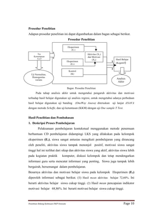 Prosedur Penelitian
Adapun prosedur penelitian ini dapat digambarkan dalam bagan sebagai berikut.
                                                           Prosedur Penelitian

                                                          Eksperimen
                                                             (E1)
          Tes                                                              Aktivitas (X1)
       Kemampuan                                                           dan Motivasi
         Awal                                                                  (X2)               Hasil Belajar
                                                          Eksperimen
                                                                                                  (Kognitif)
                                                             (E2)

                                                           Kontrol
    Uji Normalitas,                                         (K)
     Homogenitas
        varians
                                                                                                  Analisis
                                                                                                   Akhir

                                                          Bagan Prosedur Penelitian
          Pada tahap analisis akhir untuk mengetahui pengaruh aktivitas dan motivasi
terhadap hasil belajar digunakan uji analisis regresi, untuk mengetahui adanya perbedaan
hasil belajar digunakan uji banding                              (OneWay Anava) diteruskan     uji lanjut ANAVA
dengan metode Scheffe, dan uji ketuntasan (KKM) dengan uji One sample T Test.


Hasil Penelitian dan Pembahasan
1. Deskripsi Proses Pembelajaran
             Pelaksanaan pembelajaran kontekstual menggunakan metode penemuan
berbantuan CD pembelajaran didampingi LKS yang dilakukan pada kelompok
eksperimen (E1), siswa sangat antusias mengikuti pembelajaran yang dirancang
oleh peneliti, aktivitas siswa tampak menonjol                                    positif, motivasi siswa sangat
tinggi hal ini terlihat dari sikap dan aktivitas siswa yang aktif, aktivitas siswa lebih
pada kegiatan praktik                           komputer, diskusi kelompok dan tetap mendengarkan
informasi guru serta mencatat informasi yang penting, Siswa juga tampak lebih
bergairah, bersemangat dalam pembelajaran.
Besarnya aktivitas dan motivasi belajar siswa pada kelompok Eksperimen (E1)
diperoleh informasi sebagai berikut. (1) Hasil mean aktivitas belajar 72,60%. Ini
berarti aktivitas belajar siswa cukup tinggi. (2) Hasil mean pencapaian indikator
motivasi belajar 68,86%. Ini berarti motivasi belajar siswa cukup tinggi.



Penelitian	
  Bidang	
  Keilmuan-­‐FKIP	
  Unissula	
                                                    Page	
  10	
  
 