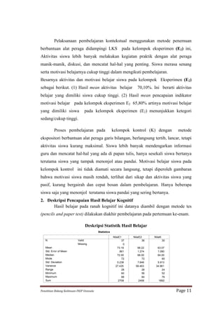 Pelaksanaan pembelajaran kontekstual menggunakan metode penemuan
berbantuan alat peraga didampingi LKS pada kelompok eksperimen (E2) ini,
Aktivitas siswa lebih banyak melakukan kegiatan praktik dengan alat peraga
manik-manik, diskusi, dan mencatat hal-hal yang penting. Siswa merasa senang
serta motivasi belajarnya cukup tinggi dalam mengikuti pembelajaran.
Besarnya aktivitas dan motivasi belajar siswa pada kelompok Eksperimen (E2)
sebagai berikut. (1) Hasil mean aktivitas belajar                                      70,10%. Ini berarti aktivitas
belajar yang dimiliki siswa cukup tinggi. (2) Hasil mean pencapaian indikator
motivasi belajar pada kelompok eksperimen E2 65,80% artinya motivasi belajar
yang dimiliki siswa                         pada kelompok eksperimen (E2) menunjukkan ketegori
sedang/cukup tinggi.

             Proses pembelajaran pada                                  kelompok kontrol (K) dengan             metode
ekspositori berbantuan alat peraga garis bilangan, berlangsung tertib, lancar, tetapi
aktivitas siswa kurang maksimal. Siswa lebih banyak mendengarkan informasi
guru dan mencatat hal-hal yang ada di papan tulis, hanya sesekali siswa bertanya
terutama siswa yang tampak menonjol atau pandai. Motivasi belajar siswa pada
kelompok kontrol ini tidak diamati secara langsung, tetapi diperoleh gambaran
bahwa motivasi siswa masih rendah, terlihat dari sikap dan aktivitas siswa yang
pasif, kurang bergairah dan cepat bosan dalam pembelajaran. Hanya beberapa
siswa saja yang menonjol terutama siswa pandai yang sering bertanya.
2. Deskripsi Pencapaian Hasil Belajar Kognitif
      Hasil belajar pada ranah kognitif ini datanya diambil dengan metode tes
(pencils and paper test) dilakukan diakhir pembelajaran pada pertemuan ke-enam.

                                            Deskripsi Statistik Hasil Belajar
                                                          Statistics
                                                                       NilaiE1      NilaiE2     NilaiK
    N                                Valid                                     37          36            30
                                     Missing                                    0
    Mean                                                                   73.19      68.22       63.07
    Std. Error of Mean                                                       .861     1.274       1.080
    Median                                                                 72.00      68.00       64.00
    Mode                                                                       72        72          60
    Std. Deviation                                                         5.238      7.646       5.913
    Variance                                                             27.435      58.463      34.961
    Range                                                                      28        28          24
    Minimum                                                                    60        56          52
    Maximum                                                                    88        84          76
    Sum                                                                     2708       2456        1892


Penelitian	
  Bidang	
  Keilmuan-­‐FKIP	
  Unissula	
                                                         Page	
  11	
  
 