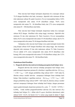 Nilai rata-rata hasil belajar kelompok eksperimen (E1) mencapai sebesar
73,19 dengan klasifikasi nilai baik, rinciannya diperoleh nilai minimum 60 dan
nilai maksimum sebesar 88, pada Cumulative Percent menunjukkan bahwa 18,9%
siswa memperoleh nilai antara 55–69 (klasifikasi cukup), 78,4% siswa
memperoleh nilai antara 70 – 84 (klasifikasi baik), dan 2,7% siswa memperoleh
nilai antara 85 – 100 (klasifikasi amat baik),

             Nilai rata-rata hasil belajar kelompok eksperimen kedua (E2) mencapai
sebesar 68,22 dengan klasifikasi nilai cukup tinggi, rinciannya diperoleh nilai
minimum 56 dan nilai maksimum 84. Pada Cumulative Percent menunjukkan
bahwa 58,3% siswa memperoleh nilai antara 55–69 (klasifikasi cukup), dan 41,7%
siswa memperoleh nilai antara 70–84 dengan klasifikasi nilai baik.
              Selanjutnya nilai rata-rata hasil belajar siswa pada kelompok kontrol (K)
yang dicapai sebesar 63,07 dengan klasifikasi nilai cukup tinggi dan rinciannya
diperoleh nilai minimum 52 dan nilai maksimum sebesar 76. Pada Cumulative
Percent adalah 6,7% siswa memperoleh nilai antara 40–54 (klasifikasi nilai
kurang), 80% siswa memperoleh nilai antara 55–69 (klasifikasi cukup), dan 13,3%
siswa memperoleh nilai antara 70 – 84( klasifikasi baik).


Pembahasan Hasil Penelitian
1. Pengaruh aktivitas dan motivasi terhadap pencapaian hasil belajar siswa
             Pengaruh aktivitas dan motivasi terhadap pencapaian hasil belajar siswa
pada kelompok eksperimen pertama (E1) distribusi t signifikan aktivitas (X1) thitung
= 1,766 > ttabel = 1,691 dengan probabiltas (Sig) sebesar 0,015 < 0,05 maka H0
diterima artinya variabel aktivitas mempunyai hubungan linear terhadap hasil
belajar. Pada distribusi t signifikan motivasi            (X2) thitung = 1,733 > ttabel = 1,691
dengan probabilitas (Sig) sebesar 0,049 < 0,05 maka H0 diterima artinya variabel
motivasi mempunyai hubungan linear terhadap hasil belajar, dengan persamaan
                                                                     ∧
regresi ganda kelompok eksperimen pertama (E1), yaitu Y = 63,256 + 0,791X1 +
0,109X2.            Untuk melihat pengaruh/kontribusi aktivitas (X1) dan motivasi (X2)
terhadap hasil belajar (Y1) dilihat nilai R square (koefisien determinasi) yakni
sebesar 0,222 =22,2%. Ini berarti 22,2 % variasi yang terjadi di dalam Y dapat

Penelitian	
  Bidang	
  Keilmuan-­‐FKIP	
  Unissula	
                                 Page	
  12	
  
 