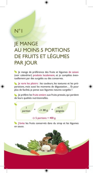 n°1

Je mange
au moins 5 portions
de fruits et légumes
par Jour
    Je mange de préférence des fruits et légumes de saison
(voir calendrier) produits localement, et je complète éven-
tuellement par des surgelés ou des conserves.
    Je varie les plaisirs : les couleurs, les textures et les pré-
parations, mais aussi les moments de dégustation… et pour
plus de facilité, je pense aux légumes natures surgelés !
    Je préfère les fruits entiers aux fruits pressés, qui perdent
de leurs qualités nutritionnelles.


           1                               +/- 1
                    =    -/+ 80 g.    =
        portion                           poignée

                  > 5 portions = 400 g.
    J’évite les fruits conservés dans du sirop et les légumes
en sauce.
 
