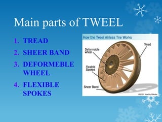 Main parts of TWEEL
1. TREAD
2. SHEER BAND
3. DEFORMEBLE
WHEEL
4. FLEXIBLE
SPOKES
 