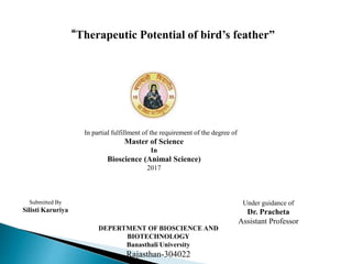 “Therapeutic Potential of bird’s feather”
Submitted By
Silisti Karuriya
Under guidance of
Dr. Pracheta
Assistant Professor
DEPERTMENT OF BIOSCIENCE AND
BIOTECHNOLOGY
Banasthali University
Rajasthan-304022
In partial fulfillment of the requirement of the degree of
Master of Science
In
Bioscience (Animal Science)
2017
 