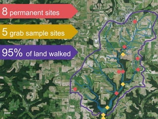 8 permanent sites
5 grab sample sites
95% of land walked
 