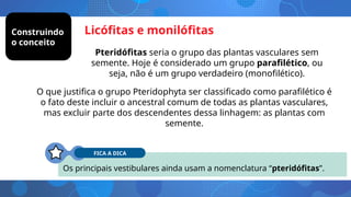 Licófitas e monilófitas
O que justifica o grupo Pteridophyta ser classificado como parafilético é
o fato deste incluir o ancestral comum de todas as plantas vasculares,
mas excluir parte dos descendentes dessa linhagem: as plantas com
semente.
Os principais vestibulares ainda usam a nomenclatura “pteridófitas”.
FICA A DICA
Construindo
o conceito
Pteridófitas seria o grupo das plantas vasculares sem
semente. Hoje é considerado um grupo parafilético, ou
seja, não é um grupo verdadeiro (monofilético).
 