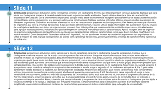 Orientações: pergunte aos estudantes como vamos usar a lista de caracteres para criar o cladograma. Aguarde as respostas. Explique que o
cladograma se resume em criar nós de acordo com o surgimento de características. Pergunte aos estudantes qual característica levantada está
presente em todos os organismos estudados. Eles devem reconhecer que é a bola roxa. Então, puxamos uma pequena linha indicando que todos os
organismos a partir desse ponto tem bola roxa, e cria-se o primeiro nó, com o ancestral comum hipotético a todos os organismos analisados. Pergunte
aos estudantes qual é a próxima característica que é mais compartilhada entre os organismos (ou que forma o maior grupo). Eles devem perceber que
se trata da estrela, esta, porém, não está presente no organismo C. Então, surge nosso segundo nó no cladograma. No primeiro nó, surgirá a espécie C
e no próximo ramo, onde há a indicação do surgimento da característica estrela, surge o segundo nó, de onde saem as espécies A, B e D, pois todas
apresentam estrela. Ela separa a espécie C das demais espécies estudadas. Pergunte aos estudantes qual é outra característica mais compartilhada
entre os organismos (ou que forma o maior grupo): a bolha azul, presente nos organismos B e D. Sendo assim, nesse segundo nó, surge o ramo
terminal D e um outro ramo, onde está indicado o surgimento da característica bolha azul, e um terceiro nó, indicando o surgimento dos ramos B e D.
Por fim, falta indicar a origem da espiral vermelha, que é uma característica única de B. Sendo assim, no ramo do terminal B, deve ser indicado o
surgimento da espiral vermelha. Assim, à medida que vamos indicando o surgimento de características, vai se formando o cladograma, que nos ajuda a
visualizar, no tempo e no espaço, a separação das linhagens evolutivas. É importante frisar para os estudantes que esse é um exemplo bastante
simplificado e que existem análises com centenas de características que requerem índices matemáticos para a chegada de um resultado.
Slide 11
Orientações: pergunte aos estudantes como começamos a montar um cladograma. Permita que eles respondam com suas palavras. Explique que para
iniciar um cladograma, primeiro, é necessário selecionar quais organismos serão analisados. Depois, deve-se levantar e listar as características
encontradas em cada um. Este é um momento importante, pois por meio desse levantamento e listagem é possível verificar se essas características são
compartilhadas entre os organismos e se possuem valor para a construção de hipótese evolutiva entre eles. Utilize a imagem do slide que contém os
diferentes organismos. Convide os estudantes a levantar e a listar as características presentes em cada organismo. Eles devem perceber que o formato
do organismo, sua cor e a presença da bola roxa é algo que todos têm em comum, e que só utilizar essas informações não auxiliará em nada na criação
de uma hipótese evolutiva, pois todos os organismos as possuem (isso não significa que essas características não são importantes, pois elas servem
para agrupar esses organismos, indicando uma possível origem em comum e manutenção dessas características). Após a listagem, deve-se organizar
os organismos estudados pelo compartilhamento ou não dessas características. Utilize as características como guia: Quem tem bola roxa? Quem tem
espiral vermelha? Quem tem estrela? Quem tem bolha azul? Se preferir, faça os estudantes listarem as características presentes nos organismos ou
utilize a imagem do slide. Agrupe os organismos de acordo com a presença de bola roxa, presença de estrela, presença de espiral vermelha e presença
de bolha azul.
Slide 12
 