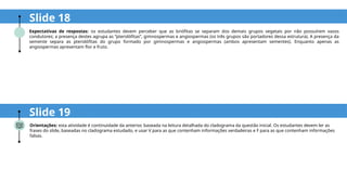 Orientações: esta atividade é continuidade da anterior, baseada na leitura detalhada do cladograma da questão inicial. Os estudantes devem ler as
frases do slide, baseadas no cladograma estudado, e usar V para as que contenham informações verdadeiras e F para as que contenham informações
falsas.
Slide 18
Expectativas de respostas: os estudantes devem perceber que as briófitas se separam dos demais grupos vegetais por não possuírem vasos
condutores; a presença destes agrupa as “pteridófitas”, gimnospermas e angiospermas (os três grupos são portadores dessa estrutura). A presença da
semente separa as pteridófitas do grupo formado por gimnospermas e angiospermas (ambos apresentam sementes). Enquanto apenas as
angiospermas apresentam flor e fruto.
Slide 19
 