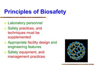 Principles of Biosafety
 Laboratory personnel
 Safety practices, and
techniques must be
supplemented
 Appropriate facility design and
engineering features
 Safety equipment, and
management practices.
 