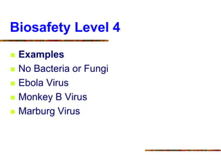 Biosafety Level 4
 Examples
 No Bacteria or Fungi
 Ebola Virus
 Monkey B Virus
 Marburg Virus
 