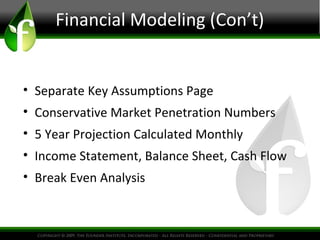 Financial Modeling (Con’t)
• Separate Key Assumptions Page
• Conservative Market Penetration Numbers
• 5 Year Projection Calculated Monthly
• Income Statement, Balance Sheet, Cash Flow
• Break Even Analysis
 