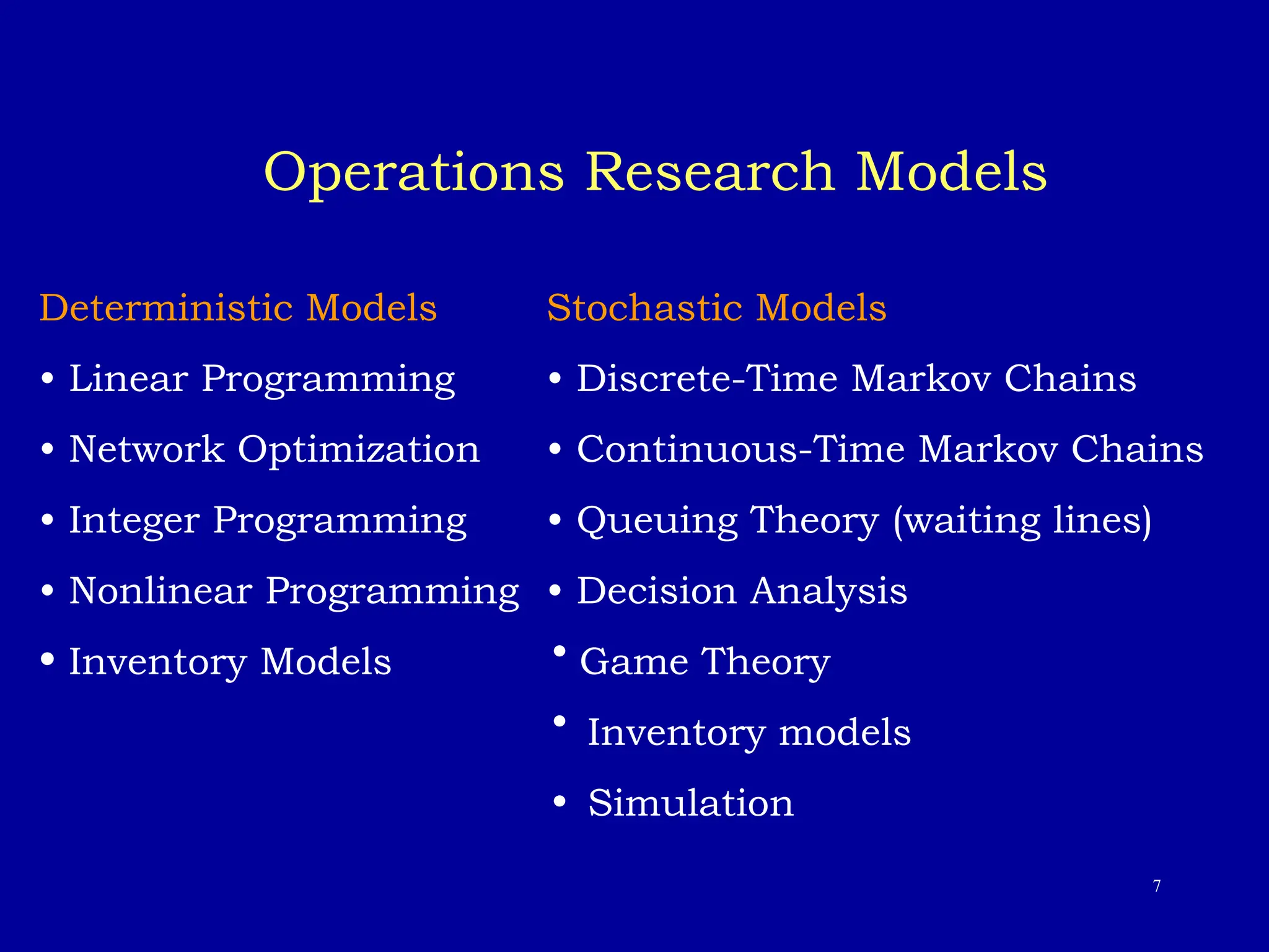 7
Operations Research Models
Deterministic Models Stochastic Models
• Linear Programming • Discrete-Time Markov Chains
• Network Optimization • Continuous-Time Markov Chains
• Integer Programming • Queuing Theory (waiting lines)
• Nonlinear Programming • Decision Analysis
• Inventory Models Game Theory
Inventory models
Simulation
 