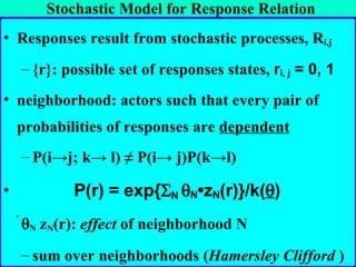 Stochastic Model for Response Relation Responses result from stochastic processes, R i,j {r}: possible set of responses states,  r i, j  = 0, 1 neighborhood: actors such that every pair of probabilities of responses are  dependent   P(i->j; k-> l) ≠ P(i-> j)P(k->l) P(r) = exp{  N   N •z N (r)}/k(  )    N  z N (r):  effect  of neighborhood N sum over neighborhoods ( Hamersley Clifford  ) 