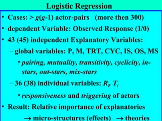 Logistic Regression Cases: >  g ( g -1) actor-pairs  (more then 300) dependent Variable: Observed Response (1/0) 43 (45) independent Explanatory Variables:  global variables: P, M, TRT, CYC, IS, OS, MS pairing, mutuality, transitivity, cyclicity, in-stars, out-stars, mix-stars 36 (38) individual variables:  R i , T i responsiveness  and  triggering  of actors Result: Relative importance of explanatories    micro-structures (effects)    theories  