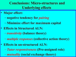 Conclusions: Micro-structures and Underlying effects  Major effect:  negative tendency for  pairing Minimize effort for maximum capital Effects in Structured ALN:  transitivity  (balance theory)  multiple responses  (collective action theory) Effects in un-structured ALN:  Tutor   responsiveness   (Pre-assigned role) mutuality   (social exchange theory)  