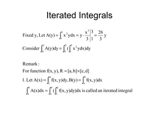 Iterated Integrals
integraliteratedancalledis)dxy)dyf(x,(A(x)dx
y)dxf(x,B(y)y)dy,f(x,A(x)Let1.
d][c,b][a,Ry),f(x,functionFor
:Remark
)dyydxx(A(y)dyConsider
y
3
26
1
3
3
x
yydxxA(y)Lety,Fixed
b
a
d
c
b
a
d
c
b
a
2
0
3
1
2
2
0
3
3
1
2
∫ ∫∫
∫ ∫
∫ ∫∫
∫
=
==
×=
=
=⋅==
 