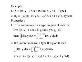 d}yc(y),hx(y)h|y){(x,Dwhere
y)dxdyf(x,y)dAf(x,
thenDregionIItypeaoncontinuousisfIf2.
y)dydxf(x,y)dAf(x,then
(x)},gy(x)gb,xa|y){(x,D
such thatDregionItypeaoncontinuousisfIf1.
:Properties
IIType},y1x2y1,y-1|y){(x,D2.
IType1},ysinx,x0|y){(x,D1.
:Example
21
D
d
c
(y)h
h
D
b
a
(x)g
g
21
22
2
1
2
1(y)
2
1(x)
≤≤≤≤=
=
=
≤≤≤≤=
+≤≤≤≤=
≤≤≤≤=
∫∫ ∫ ∫
∫∫ ∫ ∫
π
 