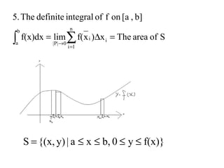 ∑∫ =
→
=∆=
n
1i
ii
b
a 0P||
SofareaThex)xf(limf(x)dx
b],[aonfofintegraldefiniteThe5.
f(x)}y0b,xa|y){(x,S ≤≤≤≤=
 