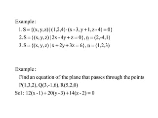 02)-14(z3)-20(y1)-12(x:Sol
R(5,2,0)Q(3,-1,6),P(1,3,2),
pointshethrough tpassesthatplanetheofequationanFind
:Example
(1,2,3)n6},3z2yx|z)y,{(x,S3.
(2,-4,1)n0},z4y-2x|z)y,{(x,S2.
0}4)-z1,y3,-(x(1,2,4)|z)y,{(x,S1.
:Example
=++
==++=
==+=
=+⋅=
 