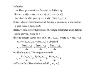 0rrifsmoothcalledisSsurfaceThe(v)
k
u
)v,z(u
j
u
)v,y(u
i
u
)v,x(u
r
isectortangent vThecoSimlarly t(iv)
k
v
)v,z(u
j
v
)v,y(u
i
v
)v,x(u
r
obtainedis)v,z(uz),v,y(uy
)v,x(uxwhere)z,y,(x-Patcector totangent vThe(iii)
Sonlyingccurvegrida
definesanduparametersingletheoffunctionvectorais)vr(u,(ii)
Sonlyingccurvegrida
definesandvparametersingletheoffunctionvectoraisv),r(ui)(
)v,(uFixedv)kz(u,v)jy(u,v)ix(u,v)r(u,
v)}x(u,xv),y(u,yv),z(u,z|z)y,{(x,S
bydefinedbeandsurfaceparametricabeSLet
:Definition
vu
000000
u
2
000000
v
000000
00000001
2
0
1
0
00
≠×
∂
∂
+
∂
∂
+
∂
∂
=
∂
∂
+
∂
∂
+
∂
∂
=
==
=
++=
====
 