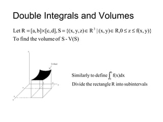 Double Integrals and Volumes
V(S)-SofvolumethefindTo
y)}f(x,zR,0y)(x,|Rz)y,{(x,Sd],[c,b][a,RLet 3
≤≤∈∈=×=
lssubintervaintoRrectangletheDivide
f(x)dxdefinetoSimilarly
b
a∫
 