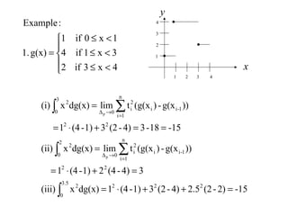 




<≤
<≤
<≤
=
4x3if2
3x1if4
1x0if1
g(x)1.
:Example
1 2 3 4
1
2
3
4
x
y
-152)-(22.54)-(231)-(41dg(x)x(iii)
34)-(421)-(41
))g(x-)(g(xtlimdg(x)x(ii)
-1518-34)-(231)-(41
))g(x-)(g(xtlimdg(x)x(i)
222
3.5
0
2
22
2
0
n
1i
1-ii
2
i
0
2
22
3
0
n
1i
1-ii
2
i
0
2
p
p
=++⋅=
=+⋅=
=
==+⋅=
=
∫
∫ ∑
∫ ∑
=
→∆
=
→∆
 