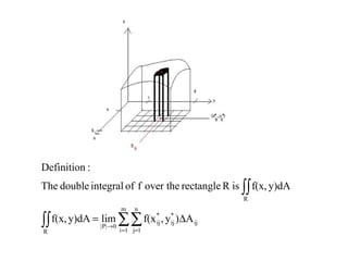 ∑∑∫∫
∫∫
= =
→
∆=
m
1i
n
1j
ij
*
ij
*
ij
0P||
R
R
A)y,f(xlimy)dAf(x,
y)dAf(x,isRrectangleover thefofintegraldoubleThe
:Definition
 