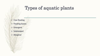 Types of aquatic plants
 Free floating
 Floating leaves
 Emergent
 Submerged
 Marginal
 