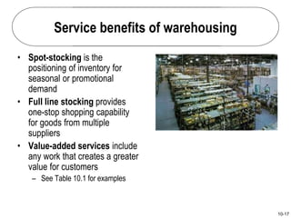 10-17
Service benefits of warehousing
Full Line Stocking at
United Electric’s
Distribution Center
• Spot-stocking is the
positioning of inventory for
seasonal or promotional
demand
• Full line stocking provides
one-stop shopping capability
for goods from multiple
suppliers
• Value-added services include
any work that creates a greater
value for customers
– See Table 10.1 for examples
 