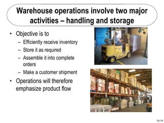 10-19
Warehouse operations involve two major
activities – handling and storage
• Objective is to
– Efficiently receive inventory
– Store it as required
– Assemble it into complete
orders
– Make a customer shipment
• Operations will therefore
emphasize product flow
 