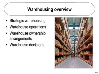10-2
Warehousing overview
• Strategic warehousing
• Warehouse operations
• Warehouse ownership
arrangements
• Warehouse decisions
 