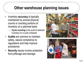 10-29
Other warehouse planning issues
• Inventory accuracy is typically
maintained by annual physical
counts or counting portions of
inventory on a planned basis
– Cycle counting is the audit of selected
inventory on a cyclic schedule
• Audits are common to maintain
safety, assure compliance to
regulations and help improve
procedures
• Security issues involve protection
from pilferage and damage
 