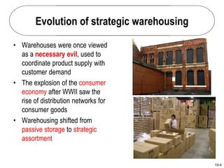 10-4
Evolution of strategic warehousing
• Warehouses were once viewed
as a necessary evil, used to
coordinate product supply with
customer demand
• The explosion of the consumer
economy after WWII saw the
rise of distribution networks for
consumer goods
• Warehousing shifted from
passive storage to strategic
assortment
 