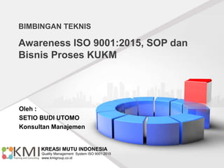 BIMBINGAN TEKNIS
Awareness ISO 9001:2015, SOP dan
Bisnis Proses KUKM
Oleh :
SETIO BUDI UTOMO
Konsultan Manajemen
KREASI MUTU INDONESIA
Quality Management System ISO 9001:2015
www.kmigroup.co.id
 