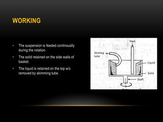 • The suspension is feeded continouslly
during the rotation
• The solid retained on the side walls of
basket.
• The liquid is retained on the top w/c
removed by skimming tube.
WORKING
 