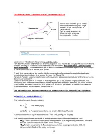 DIFERENCIA ENTRE TENSIONES REALES Y CONVENCIONALES 
Parece difícil entender que la probeta rompa con una tensión y una carga inferior a la que corresponde a la carga máxima. 
Esto se puede aplicar por la diferencia entre tensiones convencionales y reales 
FIGURA 15: 
Diferenciaentretensionesrealesyconvencionales 
Las tensiones indicadas en el diagrama no serán las reales. 
Para determinar éstas tendríamos que dividir las cargas en cada instante del ensayo por la sección real de la probeta. En la figura 15 se indica con una línea fucsia, el diagrama “tensiones reales – deformaciones específicas reales “, donde se observa que la tensión aumenta bruscamente en el período de estricción por la fuerte disminución de la sección de la probeta. 
A partir de la carga máxima los metales dúctiles presentarán deformaciones longitudinales localizadas importantes en proximidades de la sección de rotura (ver Figura 11) 
Por efecto Poisson, presentará deformaciones transversales localizadas significativas, fenómeno que hemos denominado “estricción”. 
Dado que la disminución de la sección es más importante que la reducción de carga evidenciada, esto implicará que las tensiones instantáneas aumenten a pesar de que la carga disminuya. Se puede observar que la tensión real de rotura indicada en la figura 15 es la máxima que soporta el material, aunque ello no quede en evidencia en un diagrama convencional σ−ε 
Los parámetros que determinaremos en un ensayo de tracción de control de calidad son: 
a) Tensión al Límite de Fluencia”: 
Si el material presenta fluencia real será: 
SoFe=Re con Re en [Mpa] 
siendo Fe = la Fuerza correspondiente a la tensión al Límite de Fluencia 
Pudiéndose determinar según el caso en base a Fe o a FeH (ver figuras 8a y 8b) 
Si el material no presenta fluencia real se deberá definir el Límite convencional según el caso: 
Rr0.2 :Tensión convencional de fluencia correspondiente a un alargamiento permanente o residual del 0.2% (comúnmente indicada en los textos como σ0.2%) 
Rt0.5:Tensión convencional de fluencia correspondiente a un alargamiento total del 0.5% (comúnmente indicada en los textos como σ0.5%) 
13 
 