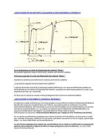 ¿QUÉ OCURRE EN UN INSTANTE CUALQUIERA SI DESCARGAMOS LA PROBETA? 
σ’p 
Si no alcanzamos el Límite de Elasticidad del material “Relas”: 
No quedará registrada ninguna deformación residual, permanente o plástica 
Si hemos superado el Límite de Elasticidad del material “Relas”: 
Quedará en evidencia una deformación residual, permanente o plástica 
¿Cuál será la magnitud de dicha deformación plástica? 
Luego de alcanzado el punto M, la descarga quedará definida por una recta sensiblemente paralela a la recta definida por el módulo de Elasticidad del material, acusando una deformación plástica en el eje ε que dependerá del valor de σ alcanzado. 
Es decir que no recorre en sentido inverso el diagrama como ocurría en el período elástico. 
¿QUÉ OCURRE SI VOLVEMOS A CARGAR EL MATERIAL? 
Si volvemos a cargar subiremos por una recta paralela a la que define el módulo de Elasticidad del Material. 
De todo ello surge que el material tiene una “historia” que queda puesta en evidencia si ha sufrido deformaciones plásticas. Ello hará desde un punto de vista tecnológico que el material alcance una tensión al límite de proporcionalidad σ’p > σp original. Es evidente que el material SE HA ENDURECIDO y ha adquirido características más frágiles ( se puede deformar menos hasta la rotura). 
Este fenómeno se denomina “Endurecimiento Mecánico por Trabajo en Frío”-Fenómeno de Acritud. 
Es uno de los procedimientos empleados para mejorar la tensión al límite elástico y la dureza de un metal (ejs.: estirado, torsionado, trafilado en frío de barras, alambres o laminación en frío de chapas, planchuelas, flejes) – ej. Acero ADM (Acero de Dureza Mecánica) 
La otra forma empleado para mejorar las características de un metal es modificando la composición química (otros aleantes o alguno de ellos en mayor proporción como el carbono) – ej. Acero ADN (Acero de Dureza Natural) 
7 
 