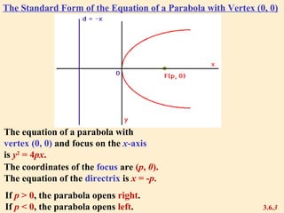 The Standard Form of the Equation of a Parabola with Vertex (0, 0)
The equation of a parabola with
vertex (0, 0) and focus on the x-axis
is y2
= 4px.
The coordinates of the focus are (p, 0).
The equation of the directrix is x = -p.
If p > 0, the parabola opens right.
If p < 0, the parabola opens left. 3.6.3
 