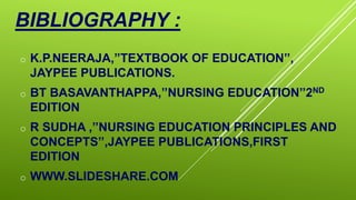 BIBLIOGRAPHY :
o K.P.NEERAJA,”TEXTBOOK OF EDUCATION’’,
JAYPEE PUBLICATIONS.
o BT BASAVANTHAPPA,’’NURSING EDUCATION’’2ND
EDITION
o R SUDHA ,’’NURSING EDUCATION PRINCIPLES AND
CONCEPTS’’,JAYPEE PUBLICATIONS,FIRST
EDITION
o WWW.SLIDESHARE.COM
 