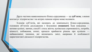 Друга частина навколишнього бізнес-середовища — це су­
б’єкти, з якими
контактує підприємство і на котрих певною мірою може впливати.
З-поміж суб’єктів, які належать до зовнішнього бізнес-сере­
довища,
головним об’єктом дослідження є безумовно споживачі. Їхня поведінка —
мотиви купівлі, звички, спосіб і стиль життя, купівельна спроможність, потреби,
цінності, побажання, попит, процеси прийняття рішень про купівлю —
найважливіші чинники, які визначають зміст, напрямки й особливості
маркетингової діяльності підприємства.
 