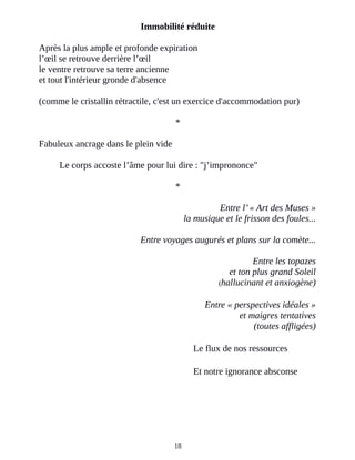 Immobilité réduite
Après la plus ample et profonde expiration
l’œil se retrouve derrière l’œil
le ventre retrouve sa terre ancienne
et tout l'intérieur gronde d'absence
(comme le cristallin rétractile, c'est un exercice d'accommodation pur)
*
Fabuleux ancrage dans le plein vide
Le corps accoste l’âme pour lui dire : "j’imprononce"
*
Entre l’« Art des Muses »
la musique et le frisson des foules...
Entre voyages augurés et plans sur la comète...
Entre les topazes
et ton plus grand Soleil
(hallucinant et anxiogène)
Entre « perspectives idéales »
et maigres tentatives
(toutes affligées)
Le flux de nos ressources
Et notre ignorance absconse
18
 