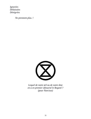 Ignorées
Délaissées
Dénigrées
Ne prennent plus. !
Lequel de notre œil ou de notre âme
en a en premier détourné le Regard ?
(pour Narcisse)
31
 