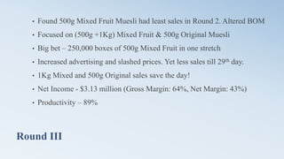 Round III
• Found 500g Mixed Fruit Muesli had least sales in Round 2. Altered BOM
• Focused on (500g +1Kg) Mixed Fruit & 500g Original Muesli
• Big bet – 250,000 boxes of 500g Mixed Fruit in one stretch
• Increased advertising and slashed prices. Yet less sales till 29th day.
• 1Kg Mixed and 500g Original sales save the day!
• Net Income - $3.13 million (Gross Margin: 64%, Net Margin: 43%)
• Productivity – 89%
 
