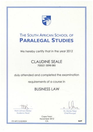 Certificate re Business Law