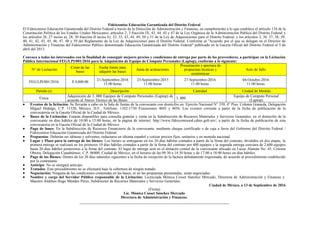 Fideicomiso Educación Garantizada del Distrito Federal
El Fideicomiso Educación Garantizada del Distrito Federal a través de la Dirección de Administración y Finanzas, en cumplimiento a lo que establece el artículo 134 de la
Constitución Política de los Estados Unidos Mexicanos, artículos 2, 3 fracción IX, 43, 44, 45 y 47 de la Ley Orgánica de la Administración Pública del Distrito Federal y
los artículos 26, 27 inciso a), 28, 30 fracción II inciso b), 32, 33, 43, 44, 49, 50 y 51 de la Ley de Adquisiciones para el Distrito Federal, y los artículos 3, 36, 37, 38, 39,
40, 41, 42, 43, 45, 46, 47, 48 y 59 del Reglamento de la Ley de Adquisiciones para el Distrito Federal. Conforme al "Acuerdo por el que se delegan en el Director de
Administración y Finanzas del Fideicomiso Público denominado Educación Garantizada del Distrito Federal" publicado en la Gaceta Oficial del Distrito Federal el 5 de
abril del 2013.
Convoca a todos los interesados con la finalidad de conseguir mejores precios y condiciones de entrega por parte de los proveedores, a participar en la Licitación
Pública Internacional FEG/LPI/001/2016 para la Adquisición de Equipo de Cómputo Personales (Laptop), conforme a lo siguiente:
N° de Licitación
Costo de las
bases
Fecha límite para
adquirir las bases
Junta de aclaraciones
Presentación y apertura de
propuestas técnicas y
económicas
Acto de fallo
FEG/LPI/001/2016 $ 4,000.00
21-Septiembre-2016
15:00 horas
23-Septiembre-2015
11:00 horas
27-Septiembre-2016
11:00 horas
04-Octubre-2016
11:00 horas
Partida (s) Descripción Cantidad Unidad de Medida
Única
Adquisición de 3, 000 Equipos de Computo Personales (Laptop) de
acuerdo al Anexo Técnico de las Bases
3, 000
Equipo de Computo Personal
(Laptop)
 Eventos de la licitación: Se llevarán a cabo en la Sala de Juntas de la convocante con domicilio en: Ejercito Nacional N° 359, 4° Piso, Colonia Granada, Delegación
Miguel Hidalgo, C.P. 11520, México, D.F., Teléfono: 1102-1730 Extensiones 4043 y 4056. Los eventos correrán a partir de la fecha de publicación de la
convocatoria en la Gaceta Oficial de la Ciudad de México.
 Bases de la Licitación: Estarán disponibles para consulta gratuita y venta en la Subdirección de Recursos Materiales y Servicios Generales, en el domicilio de la
convocante en días hábiles de 10:00 a 15:00 horas, en la página de internet: http://www.fideicomisoed.cdmx.gob.mx/, a partir de la fecha de publicación de esta
convocatoria en la Gaceta Oficial de la Ciudad de México.
 Pago de bases: En la Subdirección de Recursos Financieros de la convocante, mediante cheque certificado o de caja a favor del Gobierno del Distrito Federal /
Fideicomiso Educación Garantizada del Distrito Federal.
 Propuestas: Deberán ser idóneas y solventes, redactarse en idioma español y cotizar precios fijos, unitarios y en moneda nacional.
 Lugar y Plazo para la entrega de los bienes: Los bienes se entregarán en los 20 días hábiles contados a partir de la firma del contrato, divididos en dos etapas; la
primera entrega se realizará en los primeros 10 días hábiles contados a partir de la firma del contrato por 400 equipos y la segunda entrega constara de 2,600 equipos
hasta 20 días hábiles posteriores a la firma del contrato. El lugar de entrega será en el almacén central de la convocante ubicado en Lucas Alamán No. 45, Colonia
Obrera, Delegación Cuauhtémoc, C.P. 06800, Ciudad de México, en el horario de las 09:30 a 14:30 horas y de 17:00 a 18:00 horas en días hábiles.
 Pago de los Bienes: Dentro de los 20 días naturales siguientes a la fecha de recepción de la factura debidamente requisitada, de acuerdo al procedimiento establecido
por la contratante.
 Anticipo: No se otorgará anticipo.
 Tratados: Este procedimiento no se efectuará bajo la cobertura de ningún tratado.
 Negociación: Ninguna de las condiciones contenidas en las bases, ni en las propuestas presentadas, serán negociadas.
 Nombre y cargo del Servidor Público responsable de la Licitación: Licenciada Mónica Cosset Sánchez Mercado, Directora de Administración y Finanzas y
Maestro Alekhen Hugo Méndez Pérez, Subdirector de Recursos Materiales y Servicios Generales.
Ciudad de México, a 13 de Septiembre de 2016
(Firma)
Lic. Mónica Cosset Sánchez Mercado
Directora de Administración y Finanzas.
 